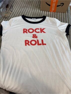 LuLaRoe White Ringer Tee with Red 'Rock & Roll' Print